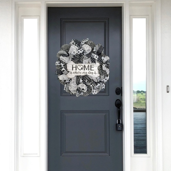 Home Is Where My Dog Is Handmade Wreath Black & White Dog Paw Door Decor 24” - Picture 5 of 6